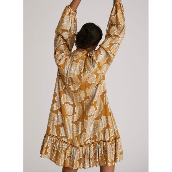 Anthropologie Maeve Flowy Mini Dress Tie Neck Long Cuffed Sleeve Gold Metallic L - Picture 3 of 16